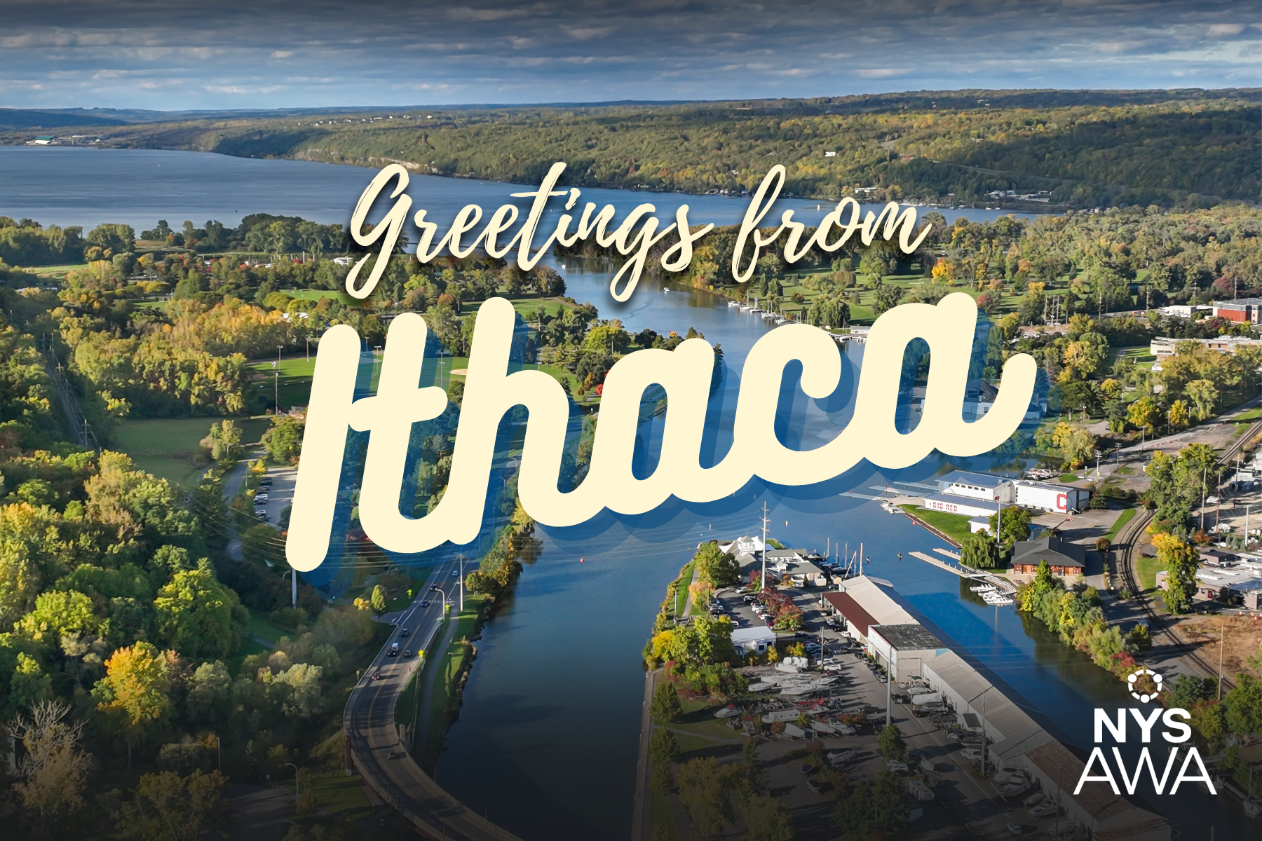 Postcard graphic of Ithaca, New York with the text "Greetings from Ithaca" on it